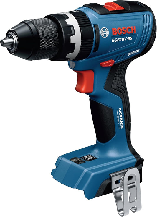 BOSCH GSB18V-65N 1/2 In. Brushless Hammer Drill/Driver - 575 In.-Lbs. Max Torque. Switchable KickBack Control. Rapid Mode Selector. Dual LED Worklights. All-Metal Chuck (Bare Tool)
