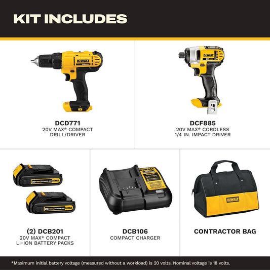 DEWALT 20V MAX Cordless Drill and Impact Driver. Power Tool Combo Kit . Includes 2 Batteries. Charger and Bag (DCK240C2)