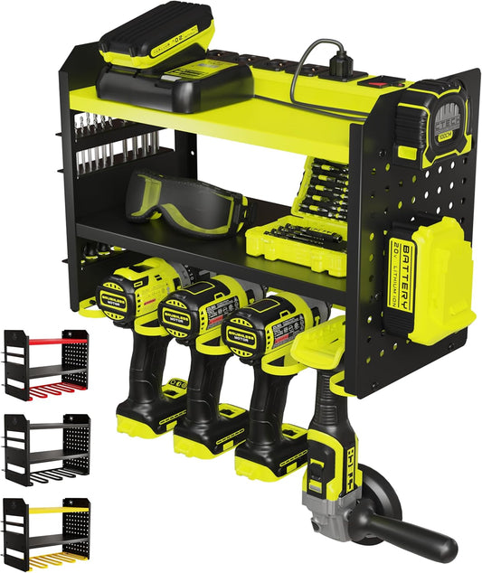 BUILTSTRONG Heavy-Duty Metal Tool Storage Rack - 3-Tier Wall Mount Organizer. Drill Holder. Utility Racks. PegBoard Side. Garage Storage (Green)