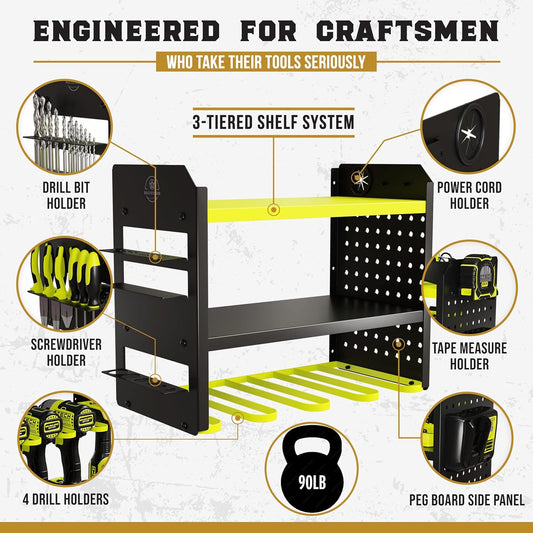 BUILTSTRONG Heavy-Duty Metal Tool Storage Rack - 3-Tier Wall Mount Organizer. Drill Holder. Utility Racks. PegBoard Side. Garage Storage (Green)